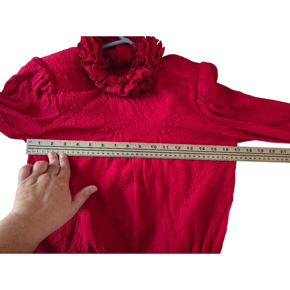 Vintage Levantè Red Silk Exaggerated Ruffle Blouse With Button Back & Tie Waist - Picture 3 of 7